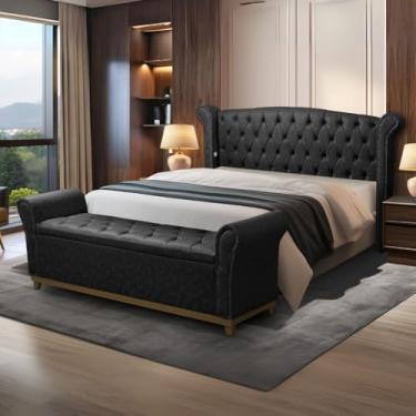 Imagem de Cabeceira e Baú Grécia Solteiro, Courino Sintético Bege, Capitonê com Tachas, 140x128x25 cm (Preto)