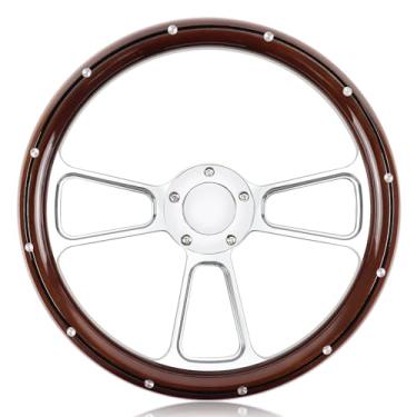 Imagem de QYMOPAY Volante Com 5 Furos E 5 Parafusos, Volante De Corrida De Madeira De 14 Polegadas, Punho Com Rebites E Botão De Buzina, Acessórios Para Interior De Carro, Peças De Reposição Para Modificação