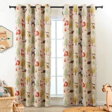 Imagem de L.Z.E Cortinas blackout infantis para quarto de bebê, 85% escurecimento do quarto, cortinas com isolamento térmico para quarto de meninos e meninas, estampa de animais da floresta bege, conjunto de 2