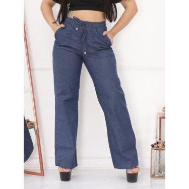 Imagem de Calça Wide Leg Feminina Larga Pantalona com elástico na cintura Jeans 