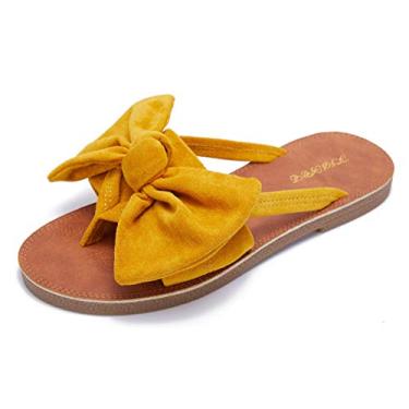 Imagem de FISACE sandálias femininas sem cadarço com tiras nos dedos para o verão, gladiador, sem salto, Amarelo, 7