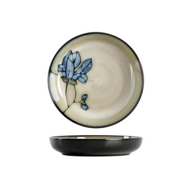 Imagem de Prato fundo redondo de cerâmica simples de estilo chinês para uso doméstico - placa profunda azul de 20 cm