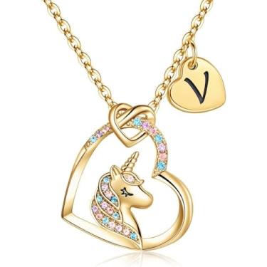 Imagem de Unicorn Necklace Gifts for Girls Daughter - Colorful Heart Pendant Initial Unicorn Necklaces for Girl Teens Little Girls Jewelry Birthday Gift (V)