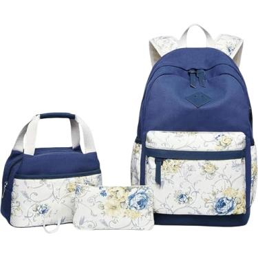 Imagem de Mochila Elegante Meninas Lona Saco Escolar Set - Mochila Escolar Floral, Mochila Laptop E Mochila De Viagem, Blue, A