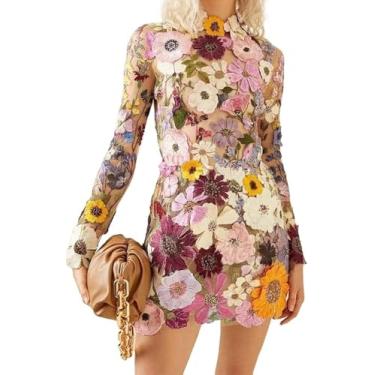 Imagem de Mulheres 3d Floral Bordado Vestido Malha Transparente Manga Longa Decote Redondo Renda Bodycon Festa Coquetel Vestido Curto, Pink, XL
