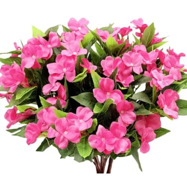 Imagem de LILOCOO 4 peças de buquê de flores artificiais para ambientes externos para flores de seda resistentes a raios UV, arbustos artificiais impatiens rosered para pátio, gramado, jardim, ao ar livre, vaso