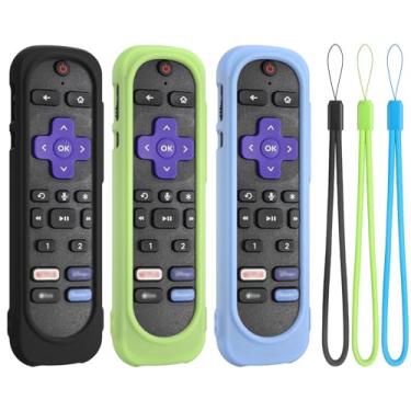 Imagem de Capa de silicone para controle remoto de voz Rok Ultra 2024/Rok Pro/TCL/Hisense, capa lavável à prova de choque Rok Remote com cordão (preto + azul brilhante + verde brilhante)