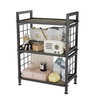 Imagem de GIOTORENT Prateleiras de despensa de 3 camadas com tábuas de madeira, prateleiras de armazenamento resistentes e prateleira de livros, unidade de prateleira de metal ajustável para organizador de