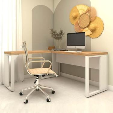 Imagem de Mesa de Escritório em L Preto Industrial Home Office Tampo 40mm MDP Pés Metálicos (Macadâmia com Branco)