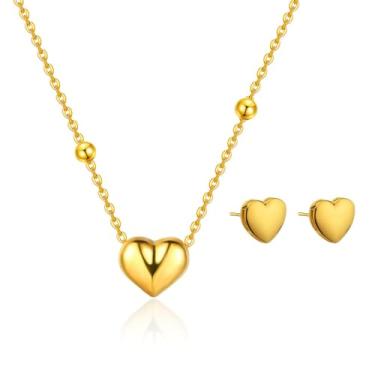 Imagem de FLORA CONJUNTO COLAR AÇO CIRÚRGICO COM PINGENTE CORAÇÃO E BRINCO CORAÇÃO LISO FOLHEADA OURO 18K