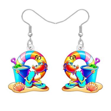 Imagem de BONSNY Brincos pendentes de praia tropical havaiana, festa de luau de verão com boia de caranguejo, prancha de surf, palmeira, bebida de coco, designs de anel de natação arco-íris de concha, pingente