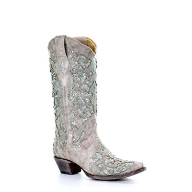 Imagem de Corral Boots Botas casuais femininas de salto médio de cano curto com incrustação com glitter, 5 a 7,6 cm, branca, Cristais e incrustações de glitter verde, 7