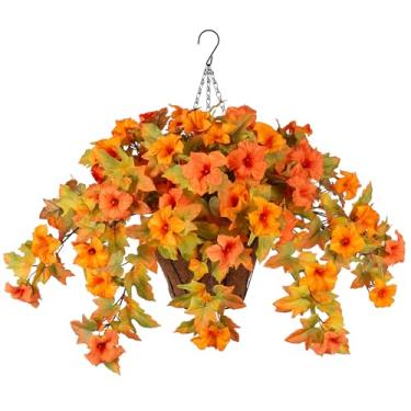 Imagem de Ammyoo Flores artificiais de outono falsas com cesta suspensa para decoração ao ar livre, flores falsas de seda resistentes a UV, plantas falsas para casa, varanda, pátio, jardim, janela, caixa