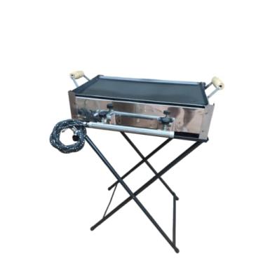 Imagem de Fogão a Gás 2 Bocas Alta Pressão, Inox, com Chapa e Mesa Dobrável, 48,5 x 28,5 cm