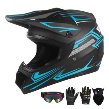 Imagem de Capacetes infantis de motocross para motocicletas infantis ATV Bump Safty Capacete de motocicleta de rosto inteiro Off-Road Mountain Bike Capacete com luvas de óculos aprovado pelo DOT (azul, grande)