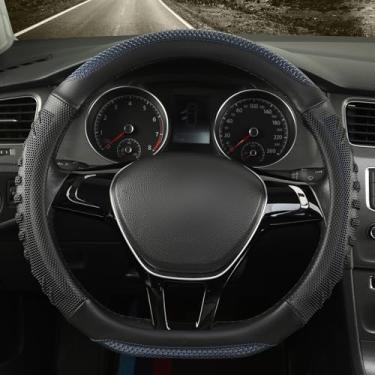 Imagem de WJMZ Capa de volante em forma de D ótima aderência com orifício de favo de mel 3D, design esportivo antiderrapante, pequeno 34,3-35,6 cm (preto com azul)