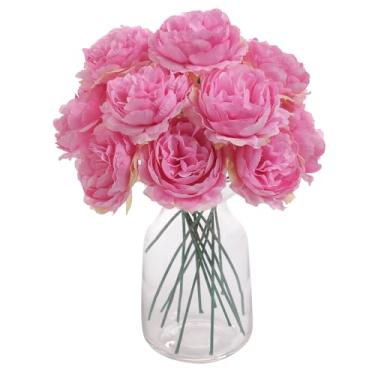Imagem de RUIDKUN 12 peças de flores de peônia vermelha rosa de seda artificial com hastes – buquê de peônia falsa de 20 cm para casamento, decoração de casa, mesa de escritório, presentes de festival
