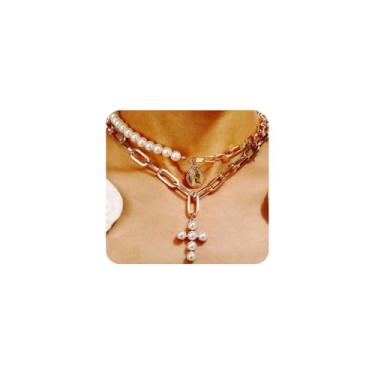 Imagem de Colar longo de cruz de pérola para mulheres, pingente de crucifixo, colar dourado, clipe de papel, colares em camadas, gargantilha de pérola moderna, joia cristã do dia a dia, Large, Metal, Sem Pedra