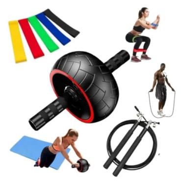 Imagem de Kit Aparelho Roda Exercício 5 Circulares Elástico E Corda Speed De Pular Completa em Casa Academia Fisioterapia Fortalecimento