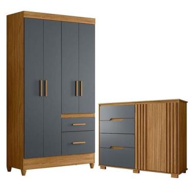 Imagem de Guarda Roupa Solteiro Madri e Cômoda Texas Freijó Cinza  Moval
