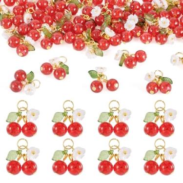 Imagem de KISSITTY 40 pingentes de cereja em vidro a granel vermelho bonito pingente de frutas com laço de metal para fazer joias, brincos, pulseiras, colares, chaveiros, verão, artesanato, presentes femininos