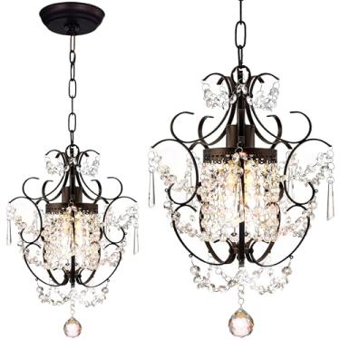 Imagem de PAPAYA Pacote com 2 lustres de cristal de bronze 28 x 15,8 cm conjunto de mini luzes pendentes ajustáveis com cabo de 100 cm, luminárias modernas de teto de ferro para quarto, cozinha, ilha, quartos