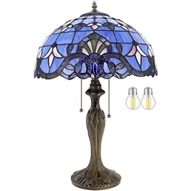 Imagem de Lâmpada de mesa Tiffany Abajur de mesa vitral Base de metal 24" de altura grande azul claro roxo barroco lavanda luxuoso Boho vitoriano sala de estar quarto fazenda WERFACTORY Lâmpada de LED incluída