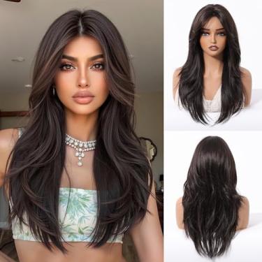 Imagem de Peruca longa lisa marrom com franja marrom em camadas para mulheres brancas 55 cm perucas morenas para mulheres negras perucas de comprimento médio perucas sintéticas de substituição de cabelo natural