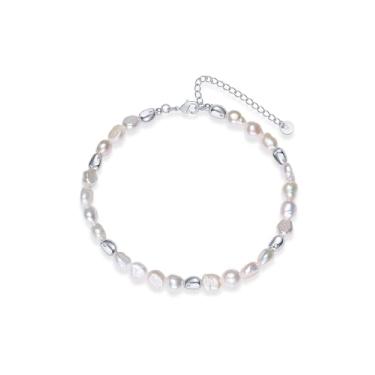 Imagem de PAVOI Tornozeleira feminina banhada a ouro 14K com pérolas de água doce e detalhe de minicarro, 9" + 2" extender, Ouro branco, Pérola