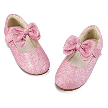 Imagem de PANDANINJIA Vestido Angela Mary Jane para bebês/crianças pequenas bailarinas com laço florista festa de casamento bailarina sapatos rasos, M Glitter rosa, 9 Toddler