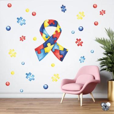 Imagem de Adesivo de Parede Laço do Autismo e Quebra cabeça Aquarela - Colakoala