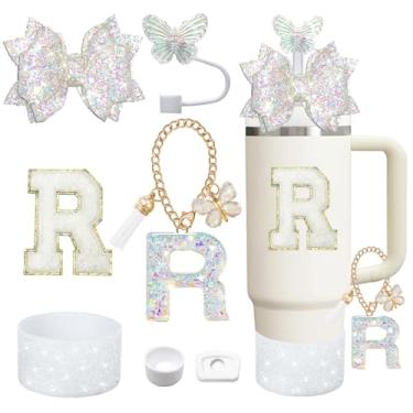 Imagem de Liangang Conjunto de acessórios de caneca branca de 7 peças para Stanley 850 ml 1133 ml incluindo botas de rolha à prova de vazamentos, tampa de canudo de borboleta etiqueta letra, pingente de letra
