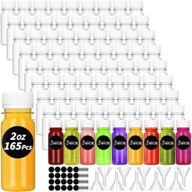 Imagem de UZLU 165 garrafas de suco de plástico pequenas de 59 ml com tampas brancas, mini recipientes transparentes de gengibre com tampas à prova de adulteração, garrafas de viagem reutilizáveis com rótulos