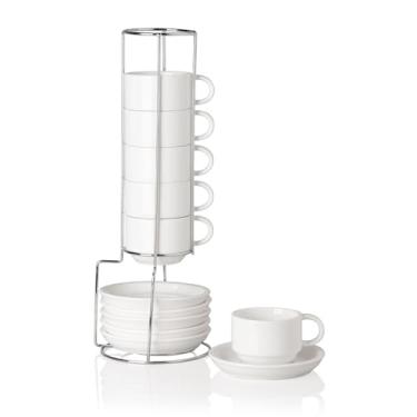 Imagem de Sweejar Conjunto de xícara de café expresso e pires de porcelana, copos empilháveis Demitasse com suporte de metal, 118 ml para café com leite, café, café mocha, chá, conjunto de 6 (branco)