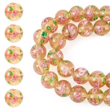 Imagem de Spritewelry 40 peças de contas de vidro para pulseiras, contas de vidro rosa Rondelle de 10 mm para fazer joias, contas espaçadoras redondas de areia dourada com flor para colar, brincos, artesanato