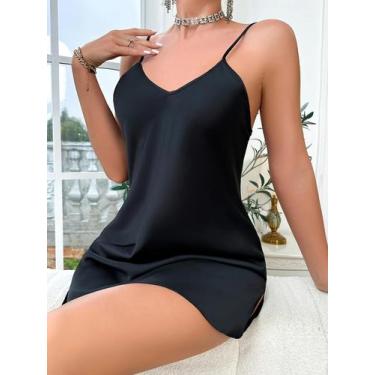 Imagem de Camisola Feminina Elegante De Seda, Cor Sólida, Sexy, Confortável Para