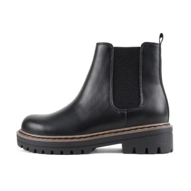 Imagem de Soda Pilot ~ Bota feminina de salto baixo Chelsea com elástico duplo, Preto/Tan Welt Pu, 42