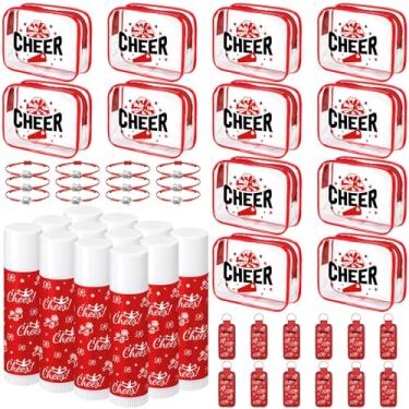 Imagem de Leelosp Conjunto de 12 conjuntos de presente de torcida para líderes de torcida bolsa de maquiagem pulseira protetor labial batom porta-chaves para time (vermelho)