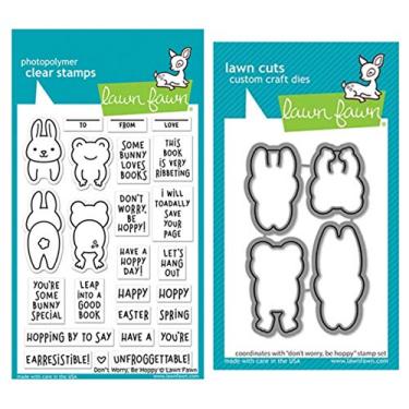 Imagem de Lawn Fawn Don't Worry Be Hoppy Conjunto de carimbos transparentes de 10 x 15 cm e conjunto de moldes personalizados coordenados (LF2232, LF2233), pacote com 2 itens