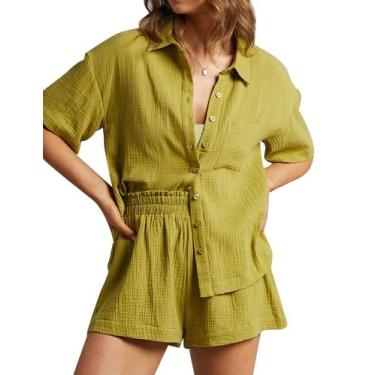 Imagem de Conjunto de roupa de resort feminino Flygo, algodão e linho, de 2 peça