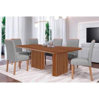 Imagem de Sala De Jantar Completa Ester Tampo Madeirado 180x90cm E 6 Cadeiras Fernanda Cinamomo - Carvalho/linho Grafite - Cimol