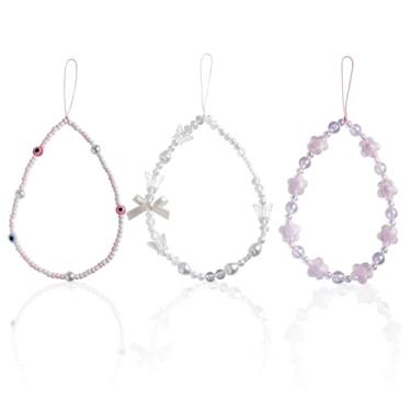 Imagem de 3unid Pulseiras de Contas para Celular, Cordão Pulseira de Celular Borboleta Flor Olho Grego Laço Pulseira Pulso com Contas para Mulheres Chaveiro Celulars (Estilo 2)