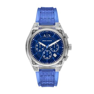 Imagem de Armani Exchange Relógio masculino com cronógrafo A|X; relógio masculino com pulseira de couro, aço inoxidável ou silicone, Transparente/azul, Sincronização
