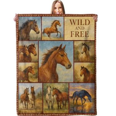 Imagem de Cobertor de cavalo selvagem, macio, leve, quente, flanela, 152 x 127 cm, com design rústico ocidental para sofá, viagem, cama, ao ar livre, presentes para adultos, homens, meninos, adolescentes e