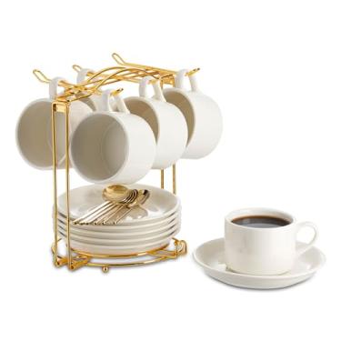 Imagem de YOLIFE Conjunto de 6 xícaras de café expresso com colheres douradas e suporte dobrável, conjunto de xícara de café e pires brancos de 118 ml para cappuccino, latte, americano, chá, bebidas quentes