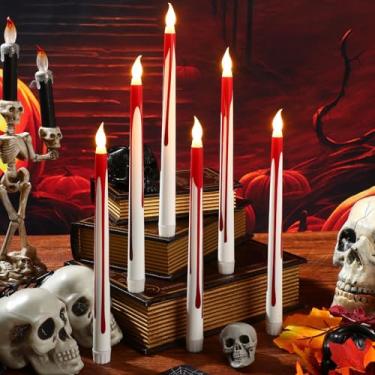 Imagem de Kittmip 6 velas de Halloween sem chamas afuniladas de 28 cm de comprimento, brancas, vermelhas, operadas por pilha, LED, mesa assombrada, centro de mesa para decoração de mesa de festas de fim de ano