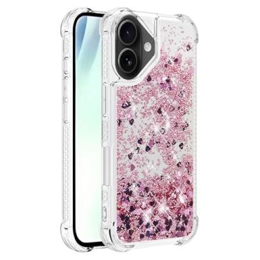 Imagem de Capa de telefone à prova de choque para iPhone 17 com glitter líquido de areia movediça e corações flutuantes, capa de TPU de camada dupla reforçada com 4 cantos, protetor de telefone seguro