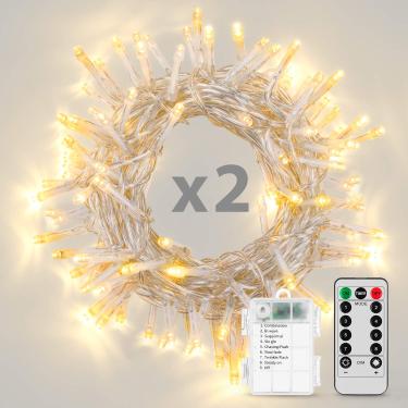 Imagem de Koxly 2 pacotes de 11 m com 100 luzes LED operadas por bateria com temporizador remoto à prova d'água 8 modos de cordão de luzes para quarto, jardim, Páscoa, festa, Natal, decoração interna e externa – branco quente