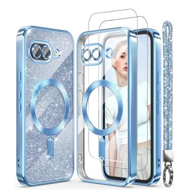 Imagem de DagoRoo Capa magnética para Google Pixel 9A + 2 películas protetoras de tela, borda dourada banhada de luxo [cartão de glitter e alça de pulso] para meninas e mulheres, fina, transparente