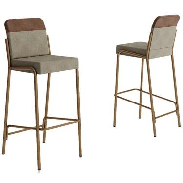 Imagem de Kit 2 Banquetas 1753 em Aço Tubular Tecido Linho Carraro Cor Rose Cobre com Tecido Areia e Caramelo